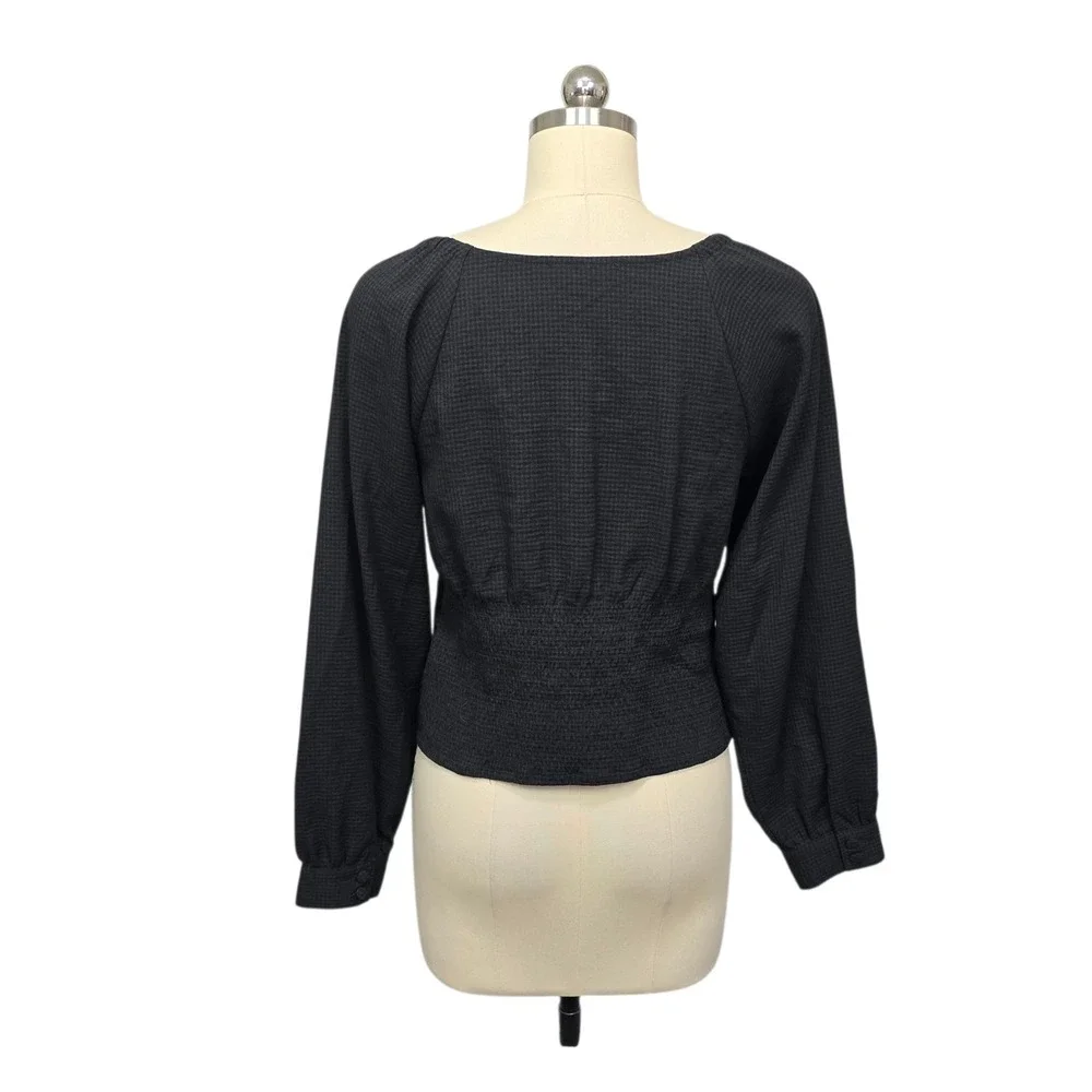 Madewell Black Gingham Seersucker Sweetheart Button Front Smocked Top Size Small